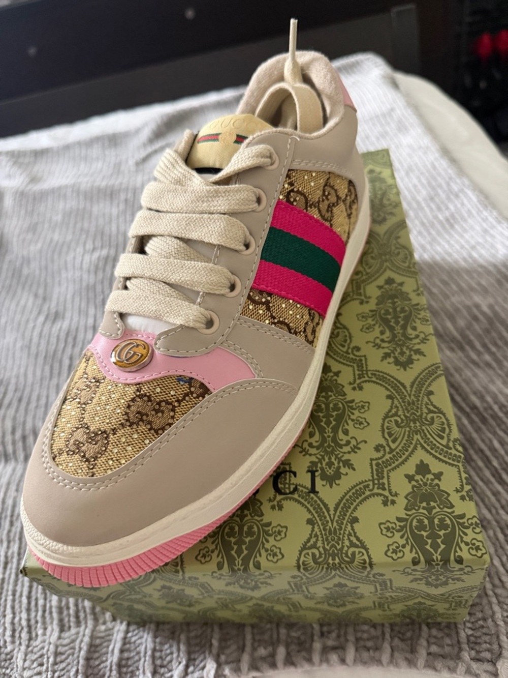 Gucci Beige, Pink & Green Women’s Ace GG Canvas Sneaker
